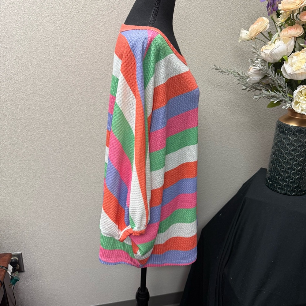 Bright Rainbow Striped Waffle Knit Dolman Sleeve Top 3X First Love - Picture 4 of 7